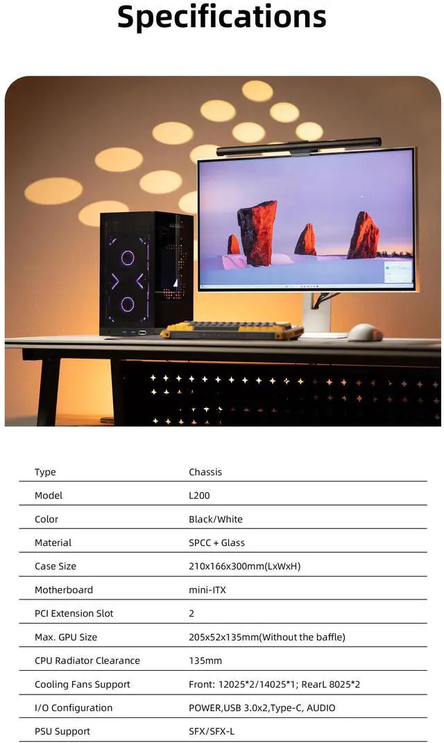 Alt view image 5 of 7 - Shiny Snake L200 10.4L SFF Small Form Factor Mini-ITX PC Gaming Case, Supports SFX PSU, 205mm GPU & 135mm Cooler, Swappable Mesh & Glass Panels, Direct GPU Mount Without Riser, 4 Fan Slots - White