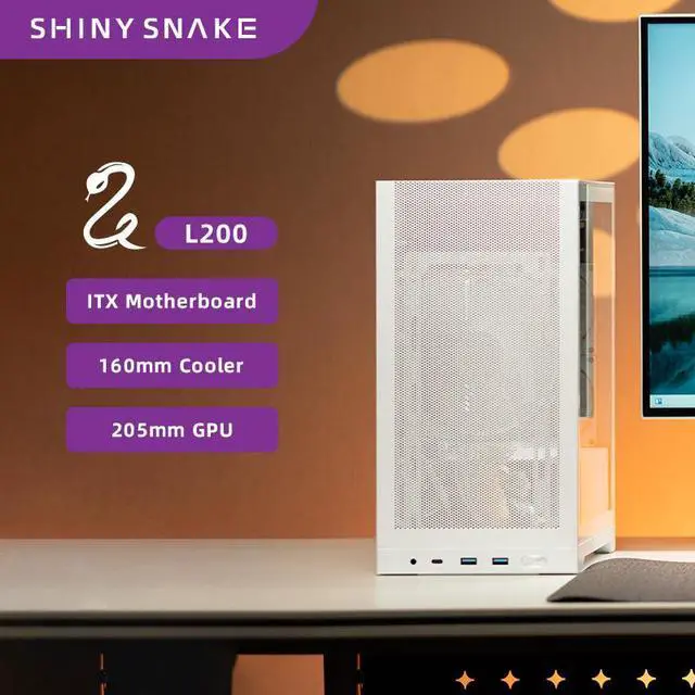 Alt view image 2 of 7 - Shiny Snake L200 10.4L SFF Small Form Factor Mini-ITX PC Gaming Case, Supports SFX PSU, 205mm GPU & 135mm Cooler, Swappable Mesh & Glass Panels, Direct GPU Mount Without Riser, 4 Fan Slots - White