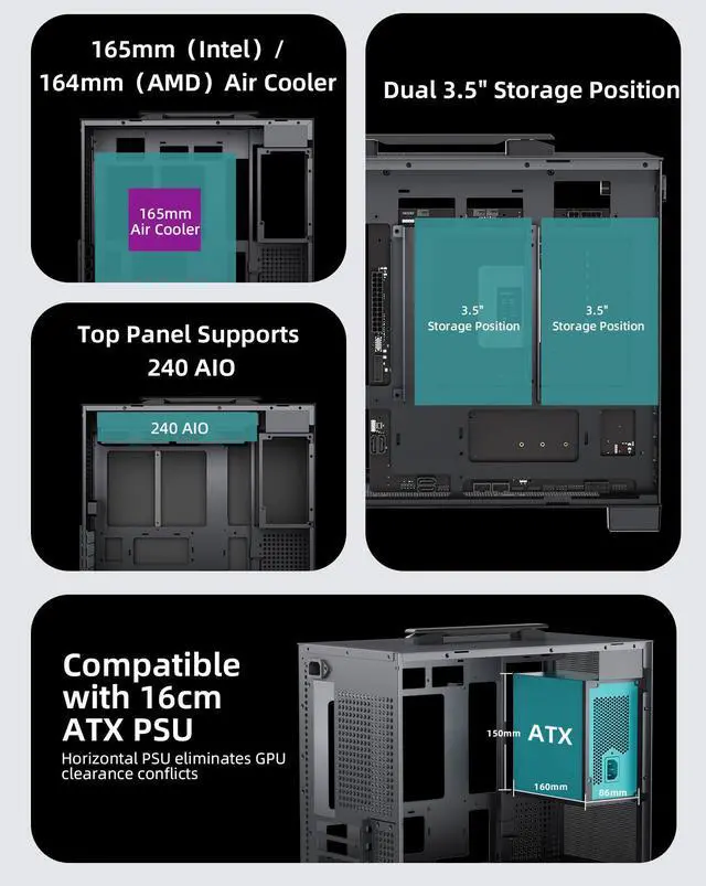 Alt view image 4 of 7 - Shiny Snake G380 23L Portable MATX Chassis - 16cm ATX PSU / 365mm 4-Slot GPU / BTF Mobo / 165mm Cooler / 240 AIO Compatible / 2x 3.5" HDD +1x 2.5" SSD Slots / 5 Fan Slots, MESH Version, White