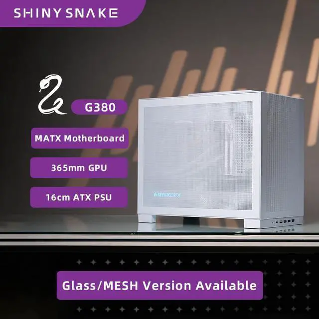 Alt view image 2 of 7 - Shiny Snake G380 23L Portable MATX Chassis - 16cm ATX PSU / 365mm 4-Slot GPU / BTF Mobo / 165mm Cooler / 240 AIO Compatible / 2x 3.5" HDD +1x 2.5" SSD Slots / 5 Fan Slots, MESH Version, White