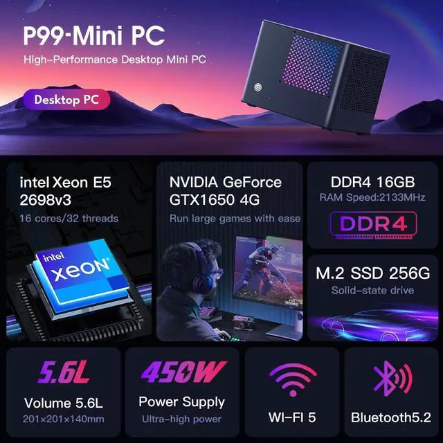 Alt view image 2 of 7 - Rmatamini P99M ITX Gaming PC mini desktop 5.6L, E5-2698v3 2.3GHz, 16-Cores, 32-Threads, GeForce GTX1650 4G 16GB DDR4 RAM 256G M.2 SSD 450W PSU WiFi 5 Bluetooth 5.2 USB 3.2 computer