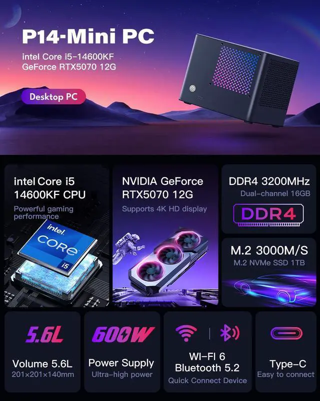 Alt view image 2 of 7 - Rmatamini P14-PRO ITX Mini Gaming PC Desktop i5-14600KF 3.5GHz, 14-Cores,GeForce RTX 5070 12GB GDDR6X 16GB DDR4 RAM 1T M.2 SSD 550W PSU WiFi 6 USB 3.2 portable ai Computer tower Windows small volume