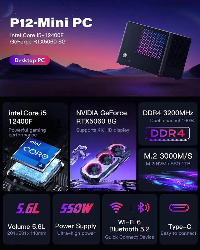 Alt view image 2 of 7 - RMATAMINI ITX Gaming PC mini desktop 5.6L, i5-12490F 2.5GHz, 20MB Cache, 6-Cores, 12-Threads,GeForce RTX 5060 8GB GDDR7 16GB DDR4 RAM 1T M.2 SSD 550W PSU WiFi 6 Bluetooth 5.2 USB 3.0