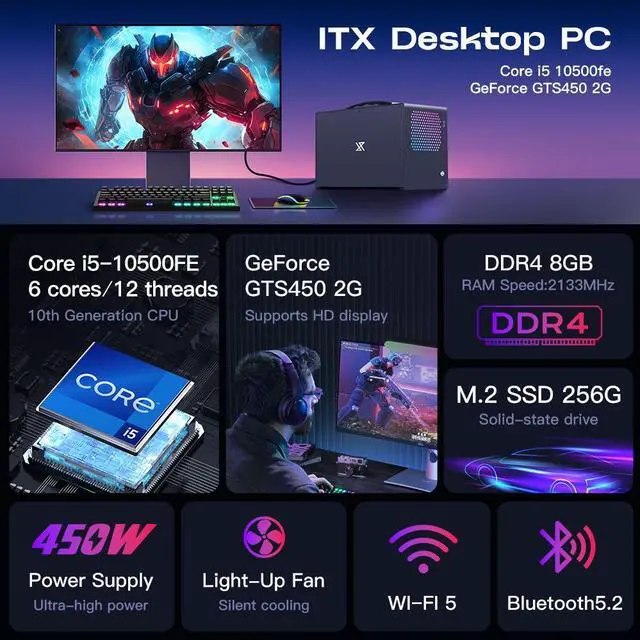 Alt view image 2 of 7 - ITX Gaming PC mini desktop, i5-10500FE 4.3GHz, 6-Cores, 12-Threads, GeForce GTS450 2G M.2 256G SSD 450W 8GB DDR4 RAM PSU WiFi 5 Bluetooth 5.2 USB 3.2 Win11 Prebuilt Computer Cheap Tower