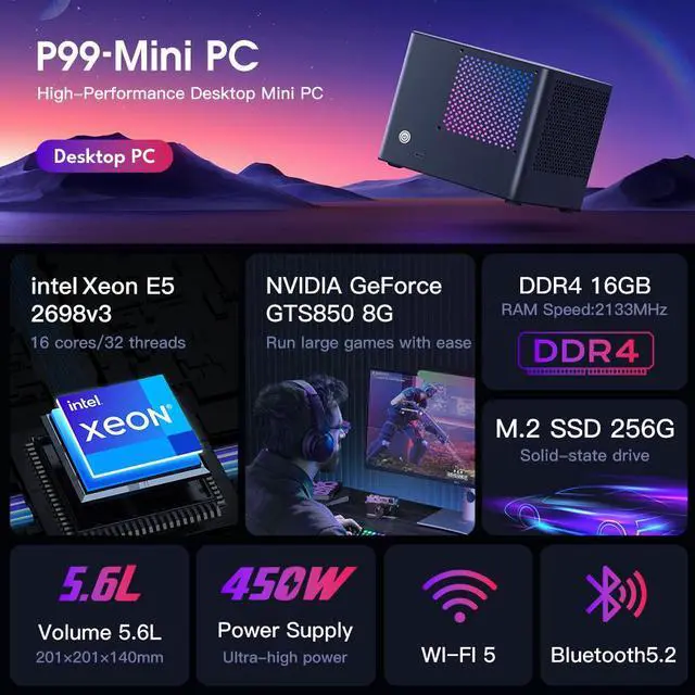 Alt view image 2 of 7 - Rmatamini P99 ITX Gaming PC mini Desktop 5.6L, E5-2698v3 2.3GHz, 16-Cores, 32-Threads, GeForce GTX850M 8G 16GB DDR4 RAM 256G M.2 SSD 450W PSU WiFi 5 Bluetooth 5.2 USB 3.2 Computer