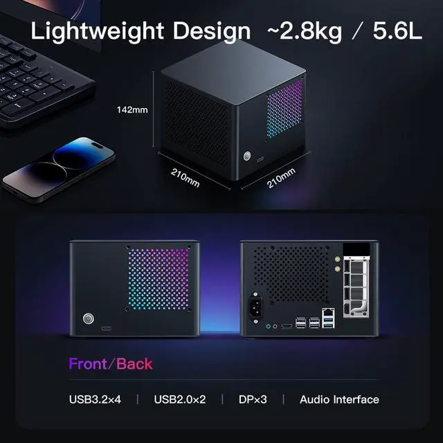 Alt view image 6 of 7 - Rmatamini P99 ITX Gaming PC mini Desktop 5.6L, E5-2698v3 2.3GHz, 16-Cores, 32-Threads, GeForce GTX850M 8G 16GB DDR4 RAM 256G M.2 SSD 450W PSU WiFi 5 Bluetooth 5.2 USB 3.2 Computer