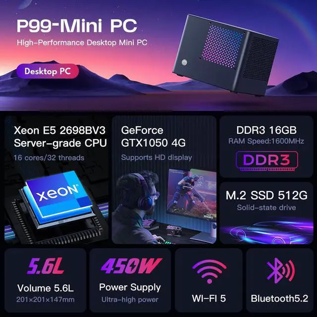 Alt view image 2 of 7 - Rmatamini P99X ITX Gaming PC mini desktop 5.6L,E5-2698Bv3 2.3GHz,16-Cores, 32-Threads, GeForce GTX1050 4G 16GB DDR3 RAM 512G M.2 SSD 450W PSU WiFi 5 Bluetooth 5.2 USB 3.2 computer