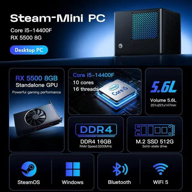Alt view image 3 of 7 - PreBuilt SFF Gaming Mini PC 5.6L Compact Desktop Intel Core i514400F RX 5500 8GB GPU 16GB DDR4 RAM 512GB M.2 NVMe SSD PreInstalled Windows 11 & Linux Gaming OS ReadytoShip