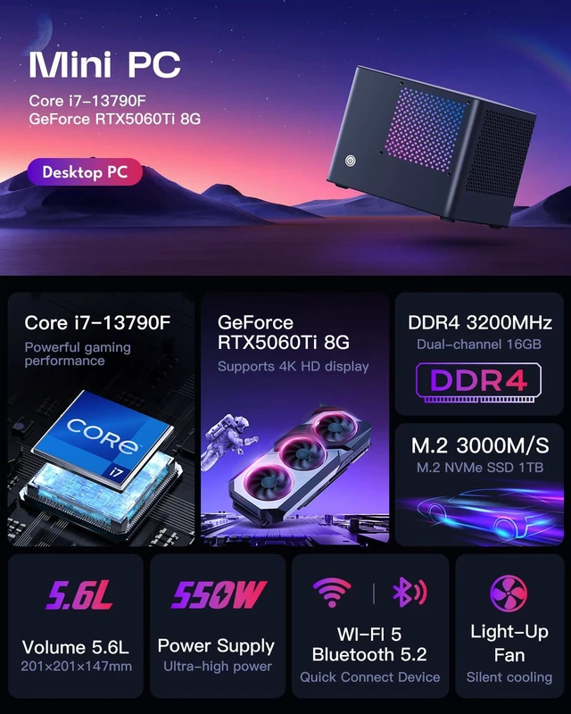Alt view image 2 of 7 - 5.6L Compact All Aluminum Small Form Factor Gaming Desktop, Intel Core i7-13790F, RTX 5060 Ti, 16GB DDR4 Memory, 1TB NVMe SSD, Windows 11 Home Prebuilt PC