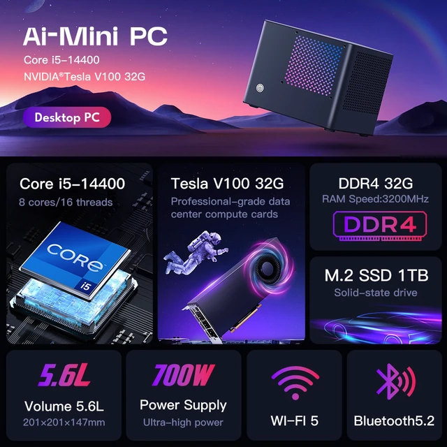 Alt view image 2 of 7 - 5.6L All Aluminum Mini AI Workstation PC, Core i5-14400F, 32GB DDR4 Dual Channel, 1TB NVMe M.2 SSD, Tesla V100 32GB HBM2, 700W PSU, Deep Learning LLM Inference Small Host
