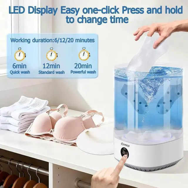 Alt view image 2 of 7 - ORMOS Portable Mini Washing Machine, White, 6L Capacity, Wireless, 5000mAh Battery, 3 Wash Modes, Waterproof IPX4 Base