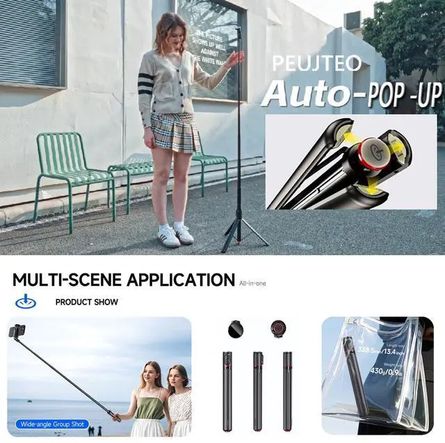Alt view image 5 of 7 - 70" Auto-Pop-up Selfie Stick Tripod, All-in-1 Aluminum Celly Phone Selfie Stick for iPhone Android with Remote,Travel Tripod,Video Recording, Vlogging, Live Streaming,(Black)