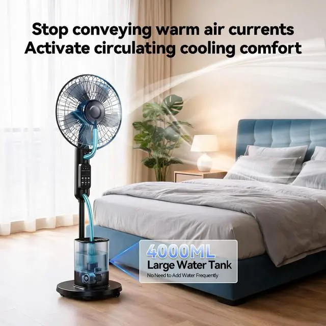 Alt view image 4 of 7 - Misting Fan, Portable Pedestal Fan with Remote Control, 4L Detachable Tank, Energy-Saving Timer, Quiet Cooling for Garden, Poolside, and Home Perfect Misting Fan for Outdoor Comfort