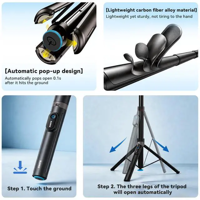 Alt view image 2 of 7 - 67 Inch Automatic Popup Selfie Stick Tripod, Carbon Fiber Phone Tripod with Magnetic Rechargeable Bluetooth Remote, 360° Rotation for Vlog Travel Live Streaming