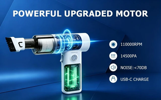 Alt view image 2 of 7 - 2in1 Handheld Vacuum Cleaner & Compressed Air Duster, 14500PA 110000RPM Brushless Motor, USBC Rechargeable Cordless Mini Vacuum for Car, PC, Keyboard Cleaning