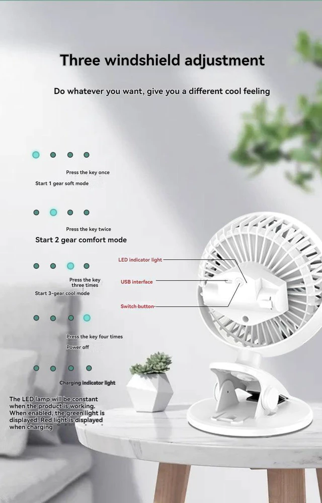 Alt view image 6 of 7 - USB Clip on Fan, Rechargeable 3 Speed Portable Desk Fan, 360° Rotation Bionic Blades Small Clamp Fan, Low Noise Wide Angle Airflow for Bedroom Office Stroller (white)
