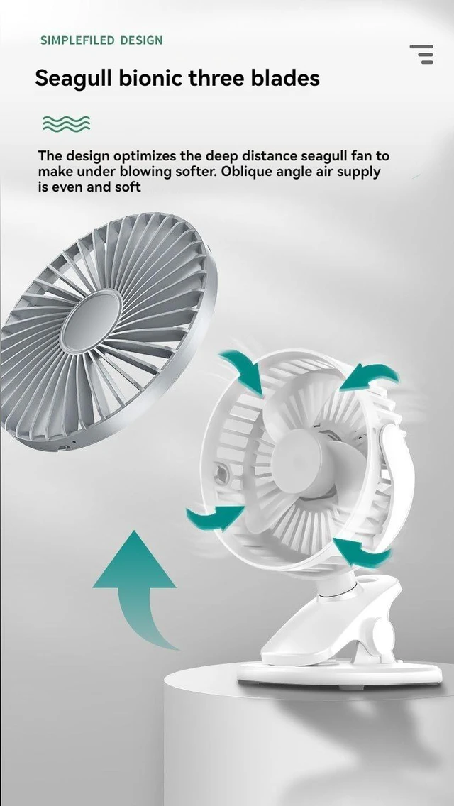 Alt view image 7 of 7 - USB Clip on Fan, Rechargeable 3 Speed Portable Desk Fan, 360° Rotation Bionic Blades Small Clamp Fan, Low Noise Wide Angle Airflow for Bedroom Office Stroller (white)