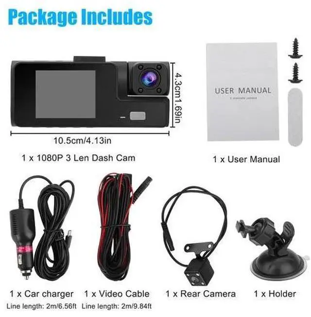 Alt view image 3 of 6 - Car Dual Lens Dash Cam HD 1080P Front/Rear/Inside Video Recorder Camera G-Sensor