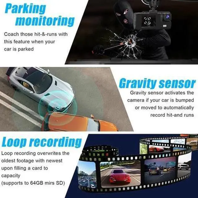 Alt view image 5 of 6 - Car Dual Lens Dash Cam HD 1080P Front/Rear/Inside Video Recorder Camera G-Sensor