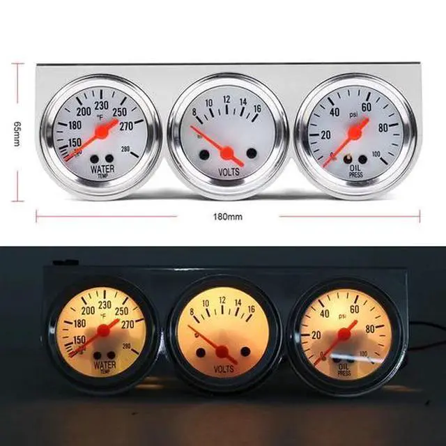 Alt view image 7 of 7 - 3 in1 52mm 2" Chrome Car Triple Gauge Set Kit Water Temp Oil Pressure Volt Meter