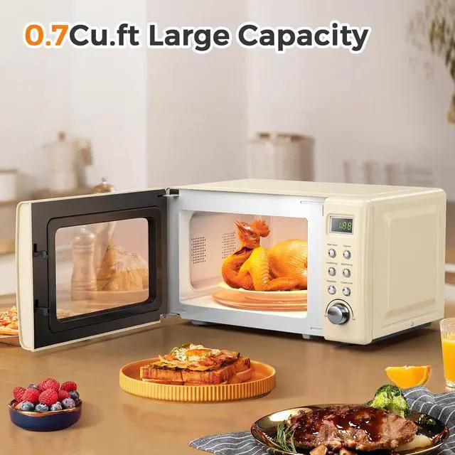 Alt view image 5 of 7 - ARLIME Retro Microwave 0.7Cu.ft, 700 Watt Countertop Microwave with 5 Micro Power Defrost & Auto Cooking Function, LED Display, Child Lock, Small Microwave for Kitchen, RV, Dorm, Cream White