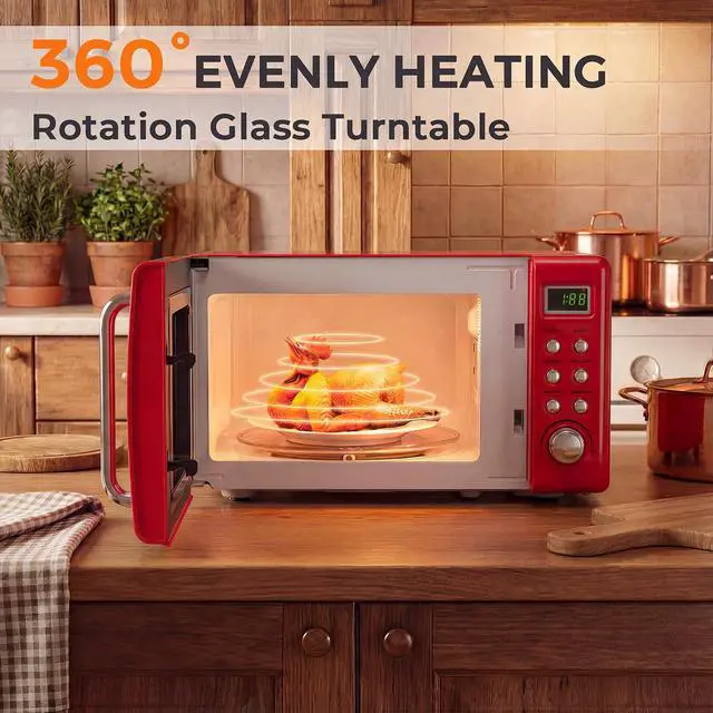 Alt view image 2 of 7 - ARLIME Retro Microwave 0.7Cu.ft, 700 Watt Countertop Microwave with 5 Micro Power Defrost & Auto Cooking Function, LED Display, Child Lock, Small Microwave for Kitchen, RV, Dorm (Retro Red)