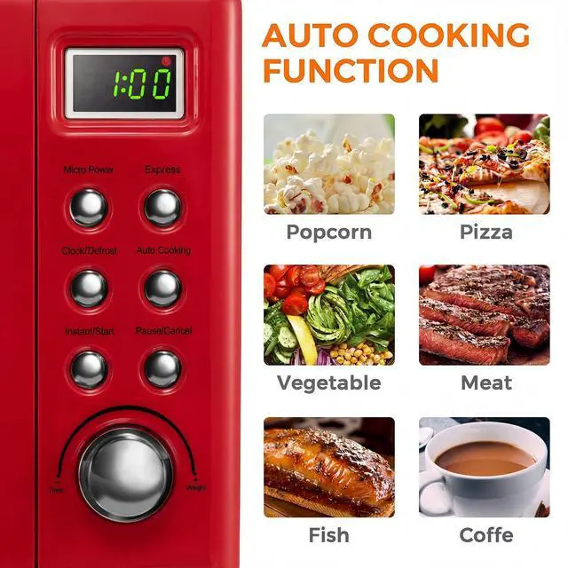 Alt view image 3 of 7 - ARLIME Retro Microwave 0.7Cu.ft, 700 Watt Countertop Microwave with 5 Micro Power Defrost & Auto Cooking Function, LED Display, Child Lock, Small Microwave for Kitchen, RV, Dorm (Retro Red)
