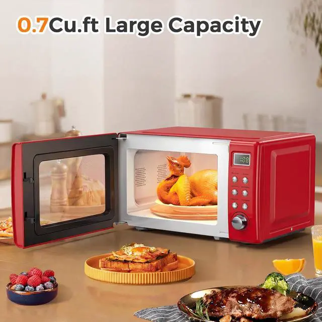 Alt view image 5 of 7 - ARLIME Retro Microwave 0.7Cu.ft, 700 Watt Countertop Microwave with 5 Micro Power Defrost & Auto Cooking Function, LED Display, Child Lock, Small Microwave for Kitchen, RV, Dorm (Retro Red)
