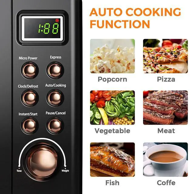 Alt view image 2 of 7 - ARLIME Retro Microwave 0.7Cu.ft, 700 Watt Countertop Microwave with 5 Micro Power Defrost & Auto Cooking Function, LED Display, Child Lock, Small Microwave for Kitchen, RV, Dorm (Golden)