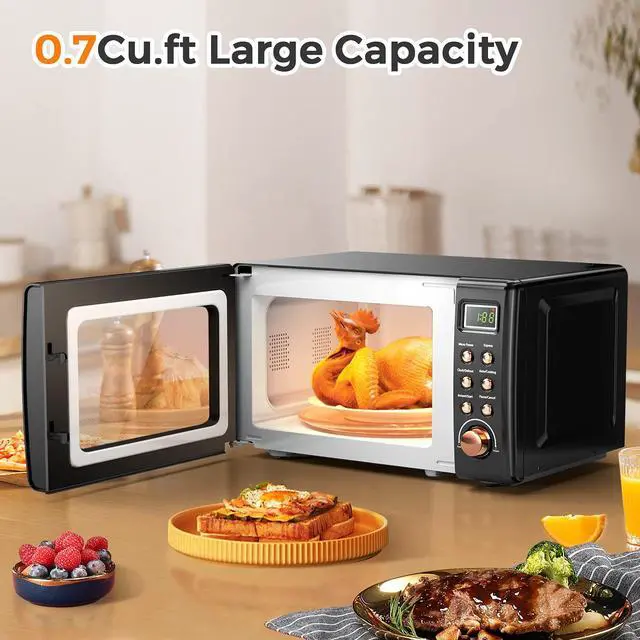 Alt view image 3 of 7 - ARLIME Retro Microwave 0.7Cu.ft, 700 Watt Countertop Microwave with 5 Micro Power Defrost & Auto Cooking Function, LED Display, Child Lock, Small Microwave for Kitchen, RV, Dorm (Golden)