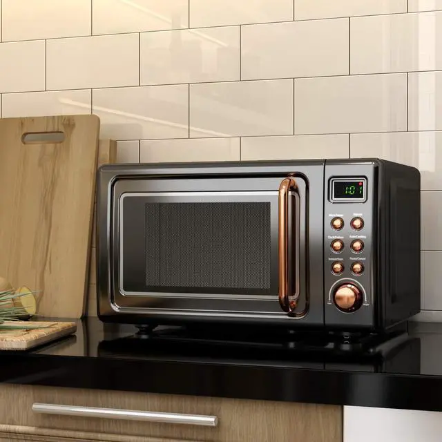 Alt view image 7 of 7 - ARLIME Retro Microwave 0.7Cu.ft, 700 Watt Countertop Microwave with 5 Micro Power Defrost & Auto Cooking Function, LED Display, Child Lock, Small Microwave for Kitchen, RV, Dorm (Golden)