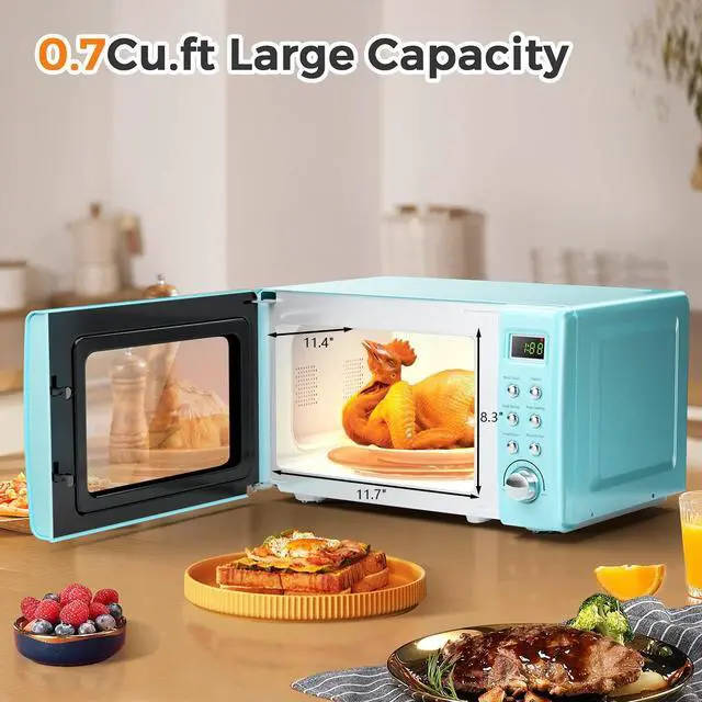 Alt view image 3 of 7 - ARLIME Retro Microwave 0.7Cu.ft, 700 Watt Countertop Microwave with 5 Micro Power Defrost & Auto Cooking Function, LED Display, Child Lock, Small Microwave for Kitchen, RV, Dorm (Green)