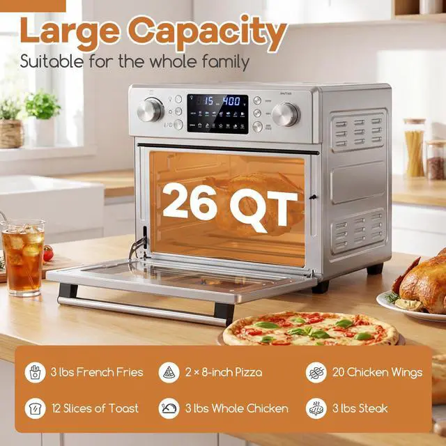 Alt view image 4 of 7 - ARLIME 14-in-1 Air Fryer Toaster Oven Combo, 1700W Stainless Steel Countertop Convection Oven with Bake, Rotisserie, Dehydrate & Defrost Functions, 26 QT Large Capacity, 60-Minute Timer & Accessories