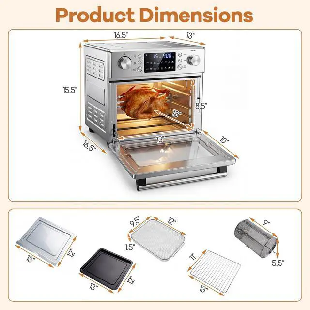 Alt view image 7 of 7 - ARLIME 14-in-1 Air Fryer Toaster Oven Combo, 1700W Stainless Steel Countertop Convection Oven with Bake, Rotisserie, Dehydrate & Defrost Functions, 26 QT Large Capacity, 60-Minute Timer & Accessories