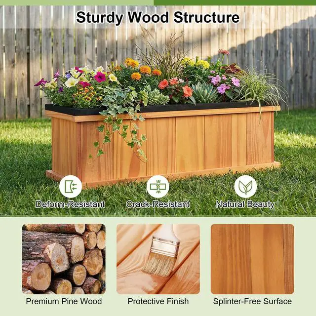 Alt view image 3 of 7 - SPORFIT Wooden Raised Garden Bed, Large Rectangular Planter with Drainage Holes, Removable Bottom & Liner for Flowers Vegetables, Outdoor Elevated Planter Box for Yard Patio Balcony (2, 28x10x10)
