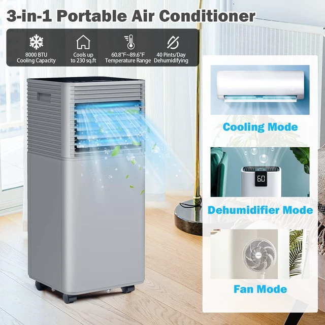 Alt view image 2 of 7 - ARLIME Portable Air Conditioners, 8000 BTU Air Unit Cools up to 230 sq. ft. Freestanding Air Cooler w/Fan & Dehumidifier, Remote Control, Window Mount Kits for Home Office, Gray