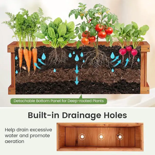 Alt view image 6 of 7 - SPORFIT Wooden Raised Garden Bed, Large Rectangular Planter with Drainage Holes, Removable Bottom & Liner for Flowers Vegetables, Outdoor Elevated Planter Box for Yard Patio Balcony (1, 28x10x10)