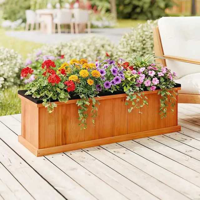Alt view image 2 of 7 - SPORFIT Wooden Raised Garden Bed, Large Rectangular Planter with Drainage Holes, Removable Bottom & Liner for Flowers Vegetables, Outdoor Elevated Planter Box for Yard Patio Balcony (2, 40x13x12)