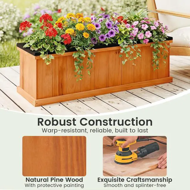Alt view image 5 of 7 - SPORFIT Wooden Raised Garden Bed, Large Rectangular Planter with Drainage Holes, Removable Bottom & Liner for Flowers Vegetables, Outdoor Elevated Planter Box for Yard Patio Balcony (2, 40x13x12)