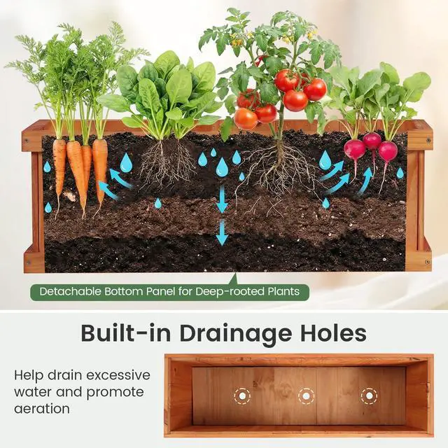 Alt view image 6 of 7 - SPORFIT Wooden Raised Garden Bed, Large Rectangular Planter with Drainage Holes, Removable Bottom & Liner for Flowers Vegetables, Outdoor Elevated Planter Box for Yard Patio Balcony (2, 40x13x12)
