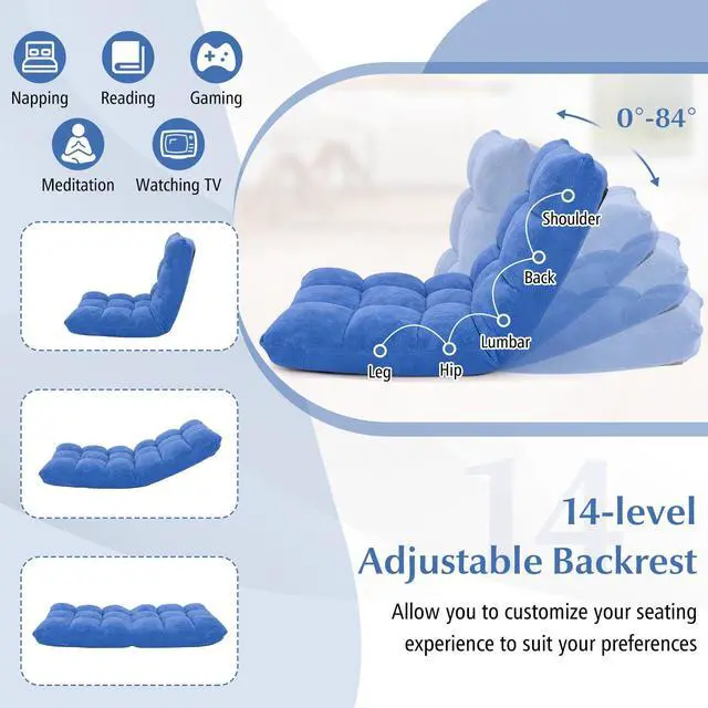 Alt view image 2 of 7 - ARLIME Adjustable Floor Chair, 14-Position Lazy Sofa Chair with Back Support & Thick Padding, Portable Foldable Floor Couch for Adults, Kids, Use in Bedroom, Living Room, Home Theater (Blue)
