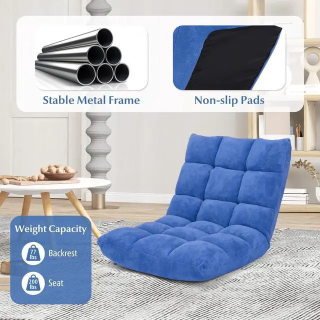 Alt view image 5 of 7 - ARLIME Adjustable Floor Chair, 14-Position Lazy Sofa Chair with Back Support & Thick Padding, Portable Foldable Floor Couch for Adults, Kids, Use in Bedroom, Living Room, Home Theater (Blue)