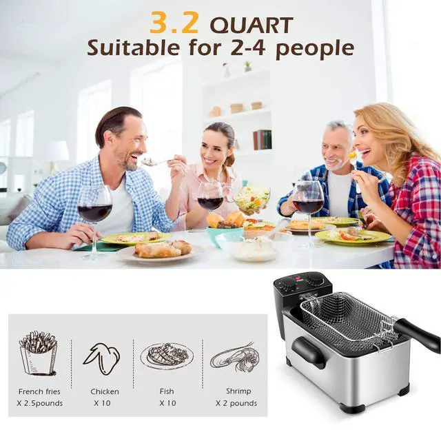 Alt view image 4 of 7 - ARLIME Deep Fryer with Basket, 3.2 Qt/3L Electric Fryer with Adjustable Temperature & Timer, Removable Oil-Container & Lid w/View Window, Stainless Steel Small Deep Fryers for Home Use, Kitchen