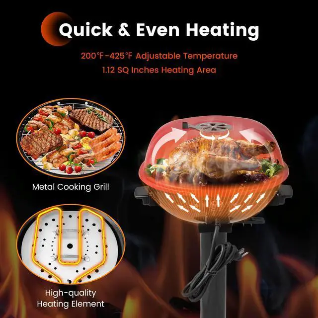 Alt view image 5 of 7 - ARLIME Outdoor Electric Grill 1600W, Stand BBQ Grill for 15-Serving, Adjustable Temperature, Removable Greqase Tray, Portable Barbecue Grill for Camping Party Balcony Garden