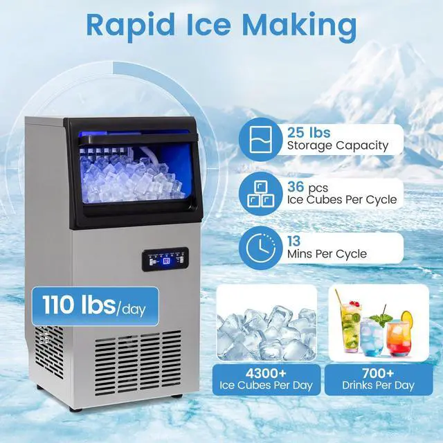 Alt view image 2 of 7 - ARLIME Commercial Ice Maker, 110 lbs/24H Countertop Freestanding Ice Machine with 25 lbs Storage Capacity, Self-Cleaning, Stainless Steel, Filter Included, Perfect for Home Bar Cafe