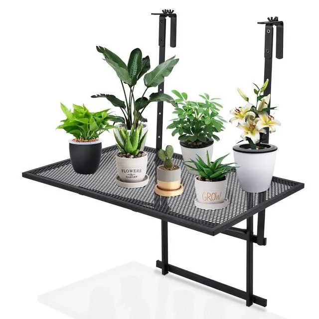 Main image of SPORFIT Balcony Railing Table, Metal Folding Hanging Table w/5 Adjustable Heights, Heavy Duty Balcony Bar Table for Railings, Patio, Deck
