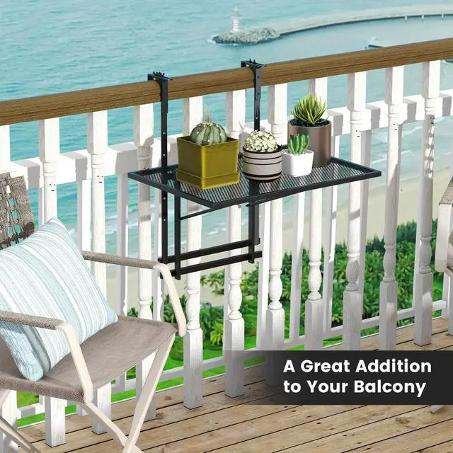 Alt view image 2 of 7 - SPORFIT Balcony Railing Table, Metal Folding Hanging Table w/5 Adjustable Heights, Heavy Duty Balcony Bar Table for Railings, Patio, Deck