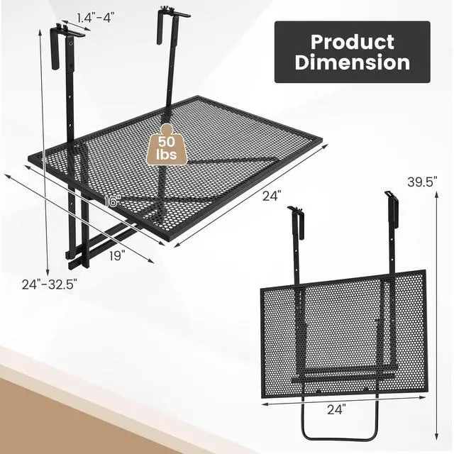 Alt view image 3 of 7 - SPORFIT Balcony Railing Table, Metal Folding Hanging Table w/5 Adjustable Heights, Heavy Duty Balcony Bar Table for Railings, Patio, Deck