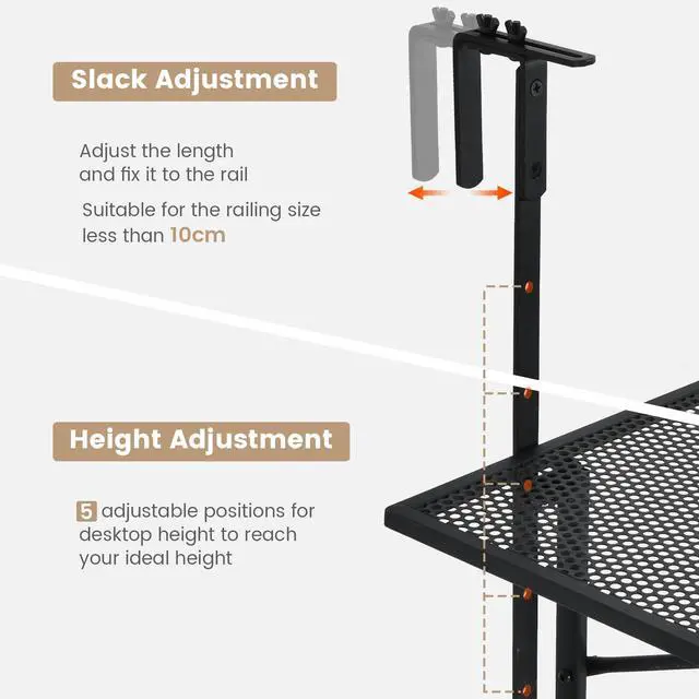 Alt view image 4 of 7 - SPORFIT Balcony Railing Table, Metal Folding Hanging Table w/5 Adjustable Heights, Heavy Duty Balcony Bar Table for Railings, Patio, Deck