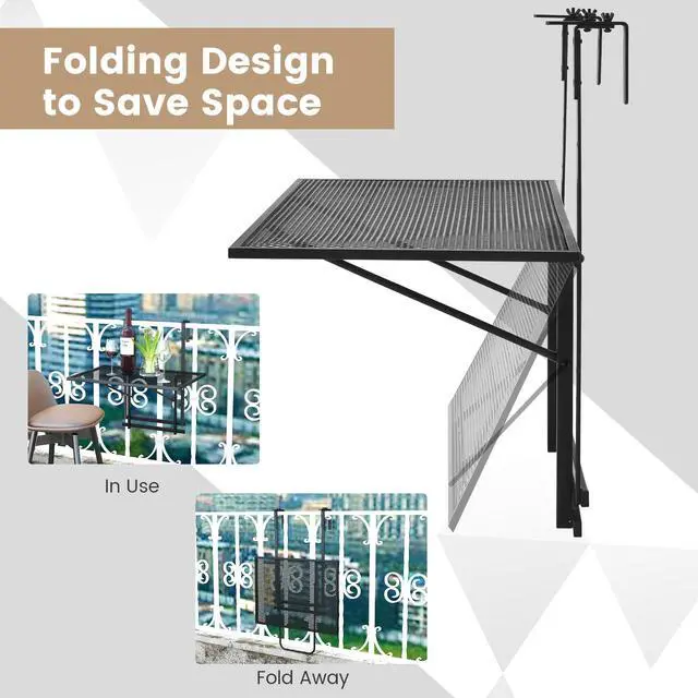 Alt view image 6 of 7 - SPORFIT Balcony Railing Table, Metal Folding Hanging Table w/5 Adjustable Heights, Heavy Duty Balcony Bar Table for Railings, Patio, Deck